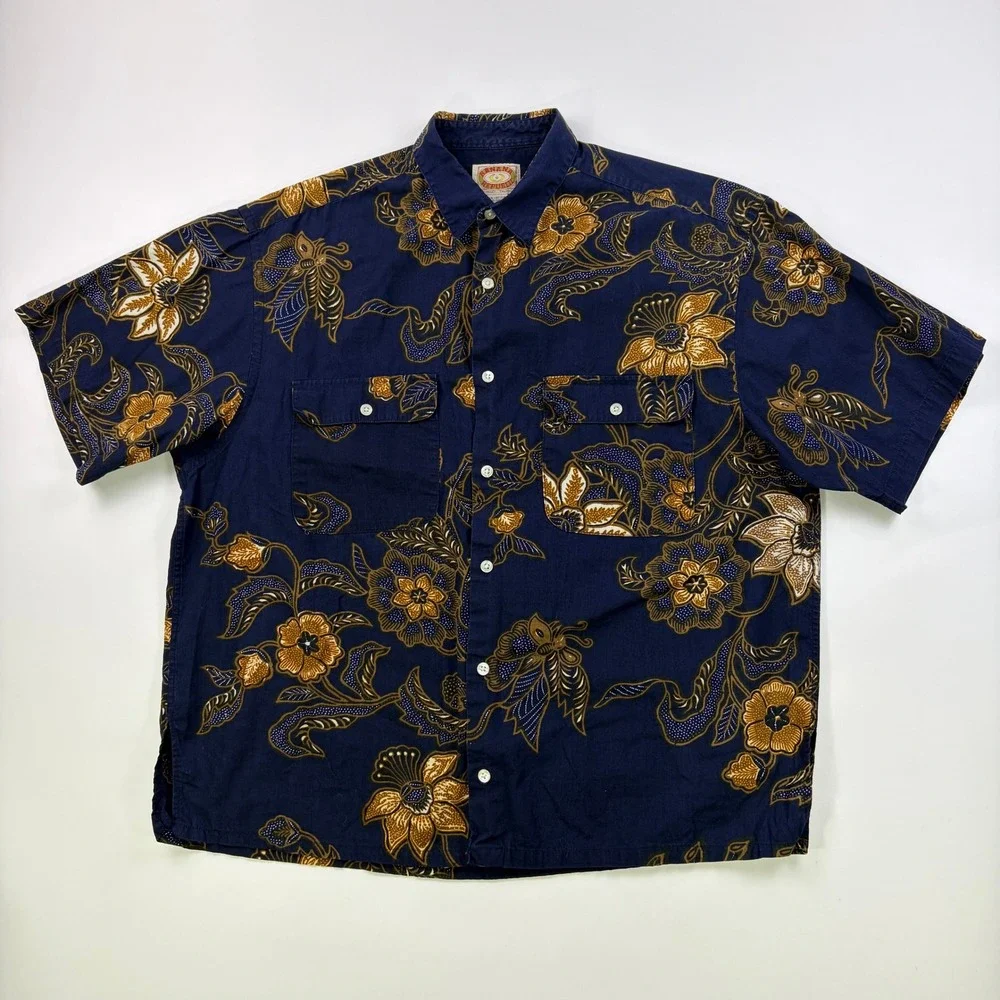 Vintage Banana Republic Batik Floral Shirt Mens M Blue Short Sleeve Button Up